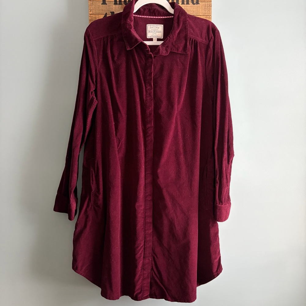 Fat Face Fine Wale Pinwale Corduroy Tunic Shirt Dress in Wine Red Long Sleeve